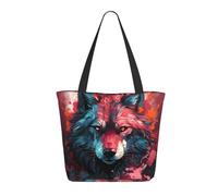 Borsa tote da donna con testa di lupo con fiamma rossa, leggera e riutilizzabile, in tela con cerniera, cinturino da polso, in cotone, per borse della spesa, borse della spesa