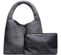 Borsa tote da donna in pelle vegana intrecciata a mano, alla moda, borsa a tracolla con manico superiore, borsa a spalla con borsetta, Denim nero.