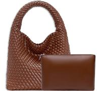 Borsa tote da donna in pelle vegana intrecciata a mano, alla moda, borsa a tracolla con manico superiore, a spalla con borsellino abbinato, Marrone, Large