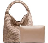Borsa tote da donna in pelle vegana intrecciata a mano, alla moda, borsa a tracolla con manico superiore, a spalla con borsellino abbinato, Albicocca, Large