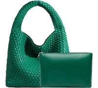 Borsa tote da donna in pelle vegana intrecciata a mano, alla moda, borsa a tracolla con manico superiore, a spalla con borsellino abbinato, Verde, Large