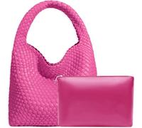 Borsa tote da donna in pelle vegana intrecciata a mano, alla moda, borsa a tracolla con manico superiore, borsa a spalla con borsetta, Rosso rosato, Large
