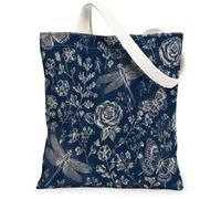 Borsa tote da donna, in tela, con farfalle, botanica, libellula, fiore, primavera, blu navy, lavabile, riutilizzabile, per tutti i giorni