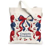 Borsa tote da donna, in tela con fiocco, stile classico, con ciliegie e perle, colore rosso, lavabile, riutilizzabile, per shopping, brunch, parco, biblioteca, gite di un giorno, 33 x 38 cm