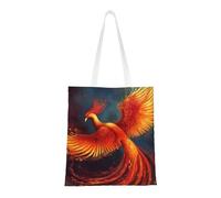 Borsa tote da donna, in tela, con motivo fenice, arancione e rosso, con tasche, borsa per la spesa riutilizzabile