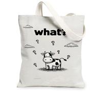 Borsa tote da donna, in tela con mucca, giocosa casual, nuvole, erba, nessuna, nera, lavabile, riutilizzabile, per tutti i giorni, idea per viaggi, lavoro, shopping, libreria, 33 x 38 cm