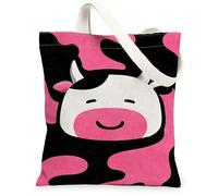 Borsa tote da donna, in tela con mucca, giocosa e cartone animato, pesca nera N/a pesca, lavabile, riutilizzabile, piccola borsa tote per shopping, brunch parco, biblioteca, gite di un giorno, 33 x 38