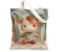 Borsa tote da donna, in tela con mucca, per tavola da surf estiva giocosa con palme, verde pastello, lavabile, riutilizzabile, idea per familiari, amici, colleghi, lettura di amori, 33 x 38 cm