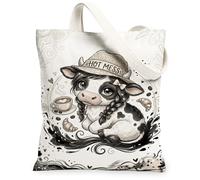 Borsa tote da donna, in tela con mucca, simpatica, fantasiosa, croissant al caffè, nessuna nera, lavabile, riutilizzabile, per shopping, brunch parco, biblioteca, gite di un giorno, 33 x 38 cm