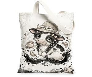 Borsa tote da donna, in tela con mucca, simpatica, fantasiosa, croissant al caffè, nessuna nera, lavabile, riutilizzabile, per shopping, brunch parco, biblioteca, gite di un giorno, 33 x 38 cm