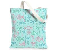 Borsa tote da donna, in tela con pesce, con fiocco allegro e fantasioso, con alghe marine estive, lavabile, riutilizzabile, ideale per viaggi, attività all'aperto, giornata lavorativa, lettura, 33 x