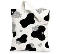 Borsa tote da donna, in tela con stampa di mucca, moderna ed elegante con glitter nero N/A nero, lavabile, riutilizzabile, piccola borsa tote idea per viaggi all'aperto, giornata lavorativa, lettura