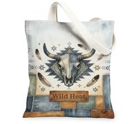 Borsa tote da donna, in tela con teschio, rustica occidentale, con piume e stelle, colore blu, lavabile, riutilizzabile, idea per familiari, amici, colleghi, lettura e amore, 33 x 38 cm