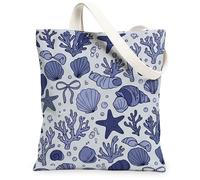 Borsa tote da donna, in tela corallo, con conchiglie nautiche estive e stella marina, blu estivo, lavabile, riutilizzabile, per shopping, brunch, parco, biblioteca, gite di un giorno, 33 x 38 cm