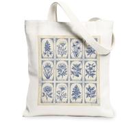 Borsa tote da donna, in tela, motivo botanico, vintage, rosa, iris, primavera, blu, lavabile, riutilizzabile, per shopping, brunch, parco, biblioteca, gite di un giorno, 33 x 38 cm