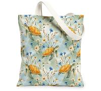 Borsa tote da donna, in tela, motivo tartaruga, crisantemo e fiordaliso, verde, lavabile, riutilizzabile, per tutti i giorni, Verde, 13x15 Inch