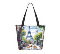 Borsa tote da donna Parigian Cafe con Eiffel, leggera e riutilizzabile, in tela con cerniera, cinturino da polso, in cotone, per borse della spesa, borse della spesa