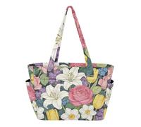 Borsa tote da donna, pieghevole, per viaggi e spiaggia, weekend, con tasche, rosa rosa e giglio
