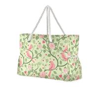 Borsa tote da donna vintage con fiori e uccelli verdi a prova di sabbia con tasche laterali borsa da viaggio portatile perfetta per viaggi, piscina, nuoto, spiaggia, vacanze