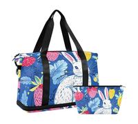 Borsa tote da palestra con motivo a pois con coniglio e fragole, borsa da toilette per allenamento, grande capacità, puntini coniglio e fragole vividi, 1 size