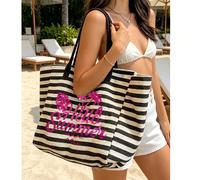 Borsa tote da spiaggia a righe bianche e nere con lettere glitterate rosso rosa, grande capacità, con motivo a palme di cocco, design alla moda con scritta "Hello Summer", borsa a spalla in tela piegh