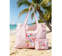 Borsa tote da spiaggia a righe di grande capacità con mini pochette coordinata - Borsa a spalla in tela a righe rosa e bianche con motivi colorati e lettere, set di borse tote da viaggio estive per la