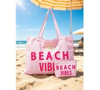 Borsa tote da spiaggia a righe di grande capacità con mini pochette coordinata - Borsa a spalla in tela a righe rosa e bianche, stampa a lettere, set tote da viaggio estivo per la spiaggia, da donna, 