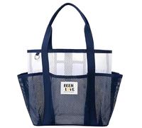 Borsa tote da spiaggia da donna, borsa da spiaggia con scomparti multipli con anello per appenderlo, borsa portatile pieghevole in rete per spiaggia, piscina, viaggi, palestra (blu navy)