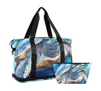 Borsa tote da viaggio blu con tartaruga feroce rettile borsa da viaggio per la notte con tracolla regolabile per viaggi di lavoro set da 2 pezzi, Fierce Turtle rettile Blu, 1 size