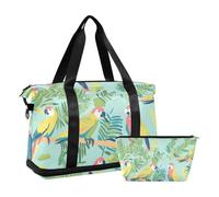 Borsa tote da viaggio verde con pappagalli piante tropicali borsa tote con borsa da toilette per escursionismo impermeabile, pappagalli piante tropicali verdi, 1 size