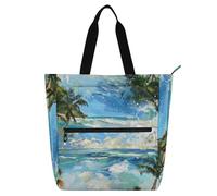 Borsa tote decorativa per bambini donne uomini estate spiaggia blu mare bellissimo sole verde palme da cocco onda surf borsa scuola leggera con tasche con cerniera per scuola e lavoro