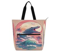 Borsa tote decorativa per bambini e adulti, dinosauro retrò anni '90 e onda colorata robusta biblioteca borsa a tracolla con cerniera per scuola e tempo di gioco arcobaleno bolso para libros de