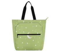 Borsa tote decorativa per bambini per ragazzi e ragazze, motivo stelle e luna, colore verde, con cerniera, riutilizzabile, per scuola, lavoro, viaggi, motivo