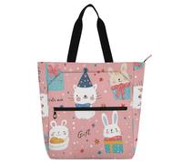 Borsa tote decorativa per bambini, studenti, adulti, animali carini del fumetto colore blush, borsa tote resistente all'acqua, borsa della spesa con manici con cerniera per