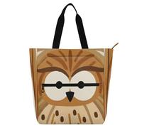 Borsa tote decorativa per bambini, studenti, adulti, motivo: gufo dei cartoni animati, grandi occhi, marrone, leggera, riutilizzabile, con cerniera per scuola, lavoro, viaggi