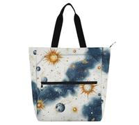 Borsa tote decorativa per bambini, studenti, adulti, pianeta astrologico blu-oro, borsa impermeabile con tasche con cerniera per scuola, lavoro, viaggi, bolsos arcobaleno para