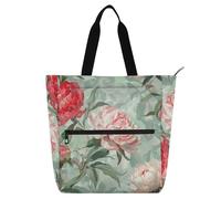 Borsa tote decorativa per bambini studenti adulti pittura a olio con fiori di peonia rosso vintage borsa della spesa borsa da spiaggia con cerniera per scuola shopping