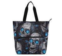 Borsa tote decorativa per bambini, studenti, adulti, teschio da incubo con occhi blu neon per Halloween, grande borsa per attività artistica, con cerniera, per scuola, shopping, generi alimentari