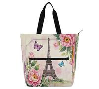 Borsa tote decorativa per bambini, studenti, adulti, torre di ferro parigino romantica con fiori, rosa, impermeabile, robusta, riutilizzabile, borsa della spesa, per scuola, shopping, spiaggia