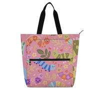 Borsa tote decorativa per libri, per ragazzi, ragazze e adulti, graziose borse colorate con bruchi e foglie pesca, leggere, con tasche interne, per scuola, lavoro, viaggi, arcobaleno bolsos