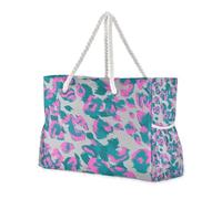 Borsa tote di grande capacità con stampa leopardata pesca e verde con tasche laterali Borsa grande con portabicchieri sul lato