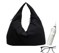 Borsa tote drappeggiata in tinta unita - Borsa per laptop in nylon | Borsa tote di grande capacità per le donne, borsa a tracolla drappeggiata in nylon, borse tote college do, Nero , Se référer au