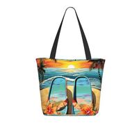 Borsa Tote Flip Flops And Tropical Beach Scene Borsa Donna Tote In Tela Lavabile Con Manici Shopper In Tela, Per Scuola, Lavoro, Shopping, 50x40cm