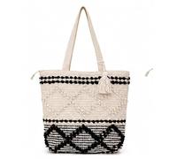 Borsa tote in cotone intrecciato a mano per donne, borsa a tracolla Boho nera bianca con nappa, chiusura a cerniera, grande borsa intrecciata per spiaggia, viaggi, shopping, borsa etica fatta a mano