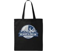 Borsa tote in cotone naturale con emblema creativo che rappresenta la memoria e i sogni, colore nero