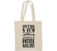 Borsa tote in cotone naturale con scritta "Give A Man A Fish and He Will Eat for A Day", colore bianco