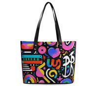 Borsa tote in pelle con faccina sorridente color pastello per le donne borse con manico superiore borse casual lavoro tote borsa a tracolla da viaggio, Stile graffiti musicali, 29*34*14cm