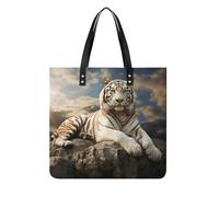 Borsa tote in pelle, Majestic Tiger appoggiata su una roccia con stampa nuvolosa borsa da donna in pelle alla moda borsa in pelle resistente elegante borsa tote bag in pelle, 39 x 39 cm