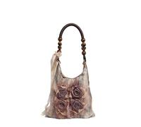 Borsa tote in stile cinese retrò con fiori di rosa, grande capacità, borsa a tracolla pieghettata per pendolarismo, Darkkaki., Taglia unica