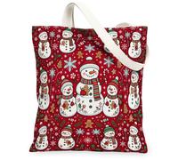 Borsa tote in tela a tema natalizio con pupazzo di neve e pan di zenzero | Biscotto di pan di zenzero, motivi di fiocchi di neve, atmosfera invernale, stampa rossa festiva, trasporto quotidiano